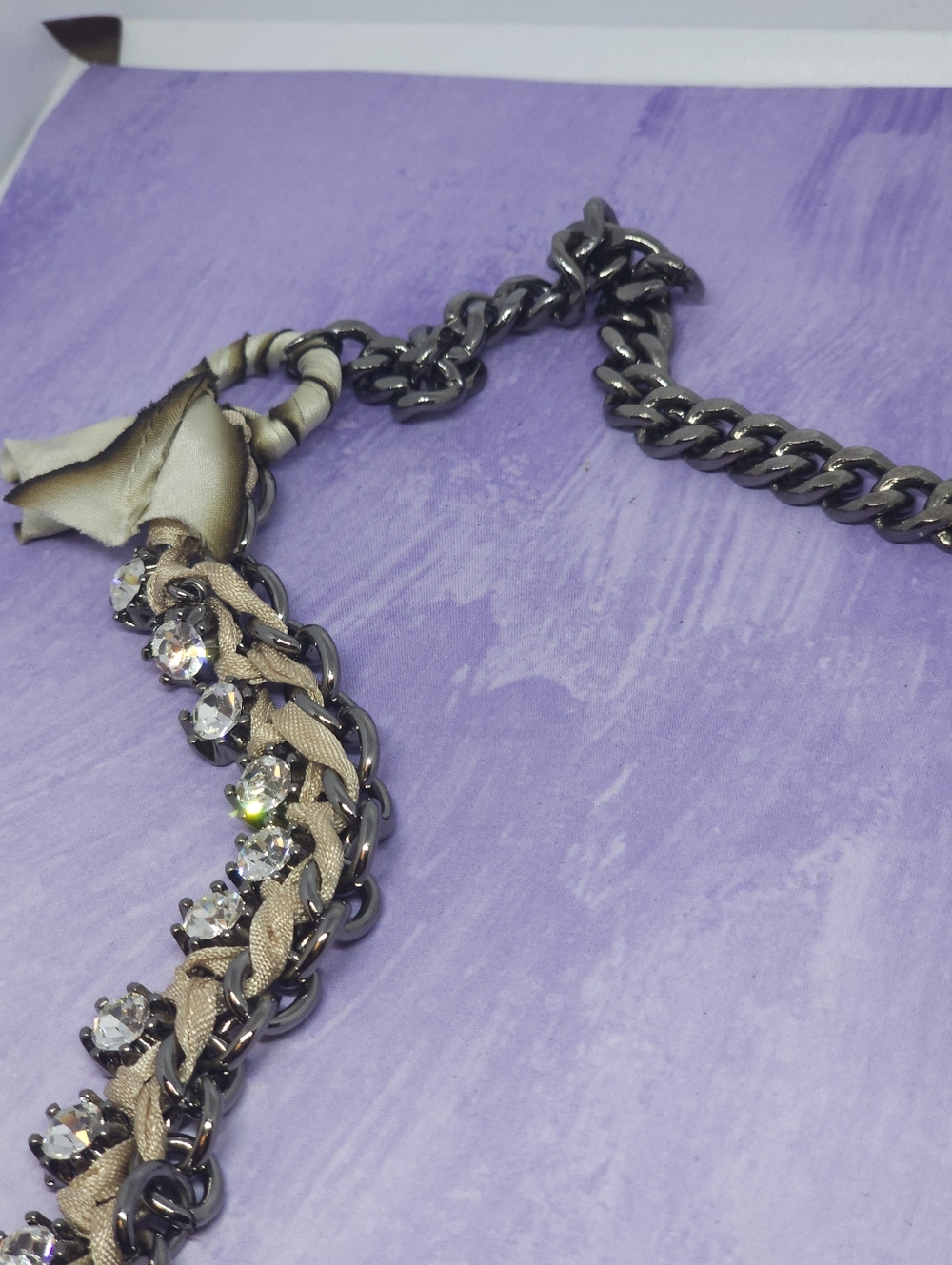 J.Crew Gunmetal Tone Chunky Chain Taupe-colored Ribbon Long Necklace - Picture 6 of 8